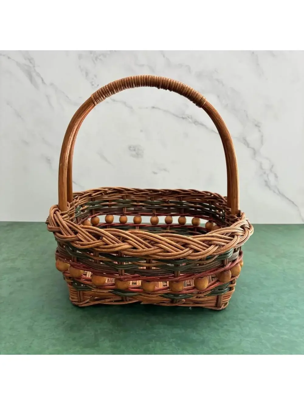 Vintage Woven Wicker Gathering Basket Wood Bead Trim Bentwood Handle Cottage